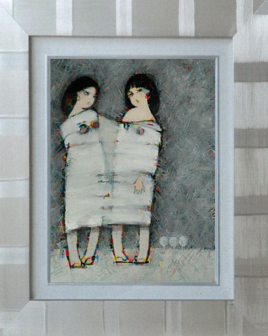 油絵 菅家令子 絵 絵画インテリア額付(青緑＋金色の枠)F6-083211女の子