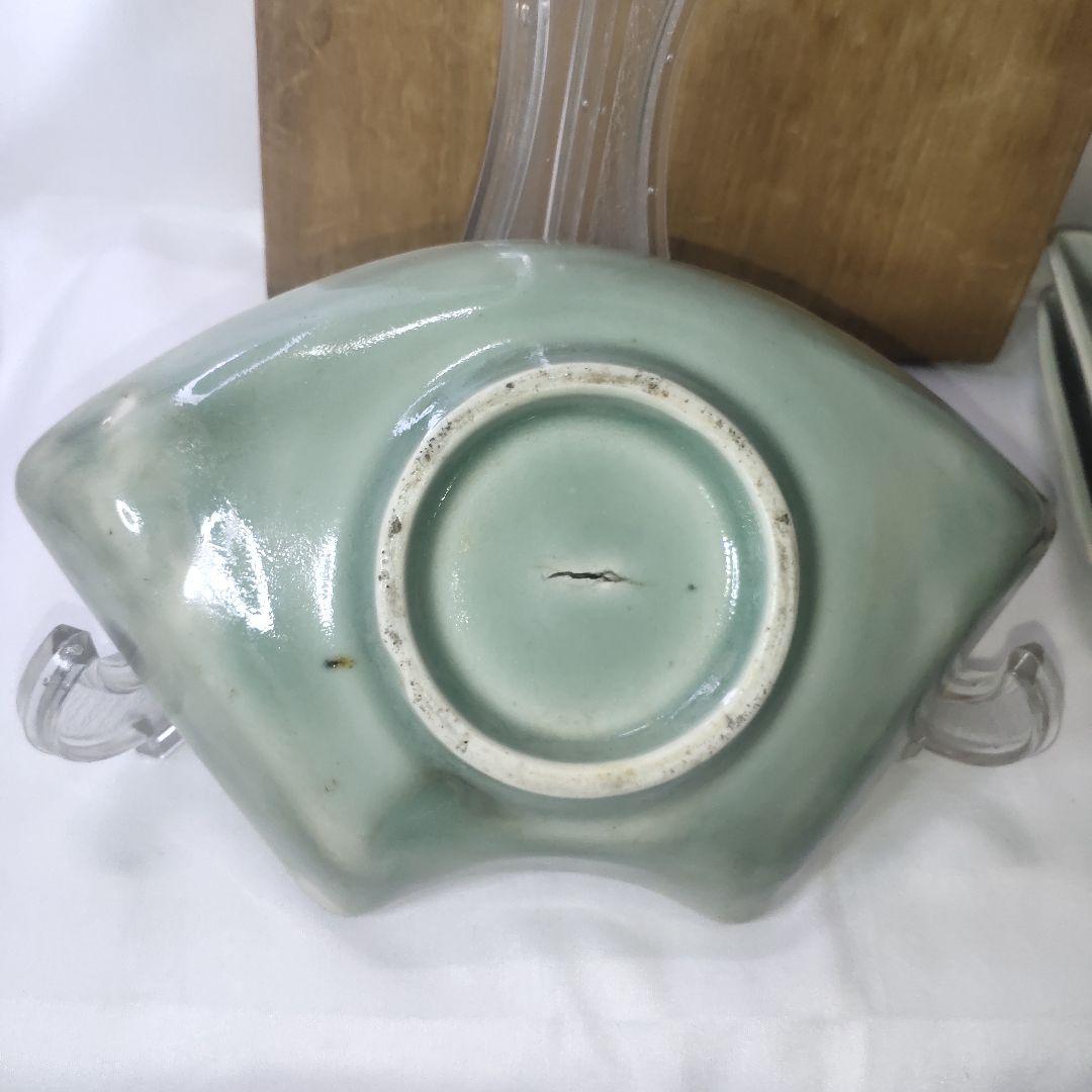 扇型皿 青磁に染付 山水図 幕末骨董 旧家蔵出し コレクター放出美品 古美術品