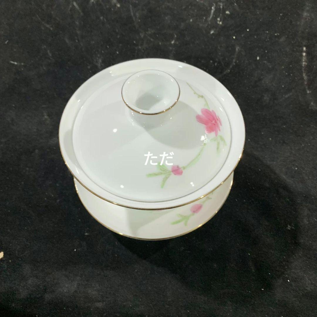 手绘水点桃花描金三才盖碗 中国茶器景徳镇 蓋付き 飲茶食器 煎茶具 未使用品