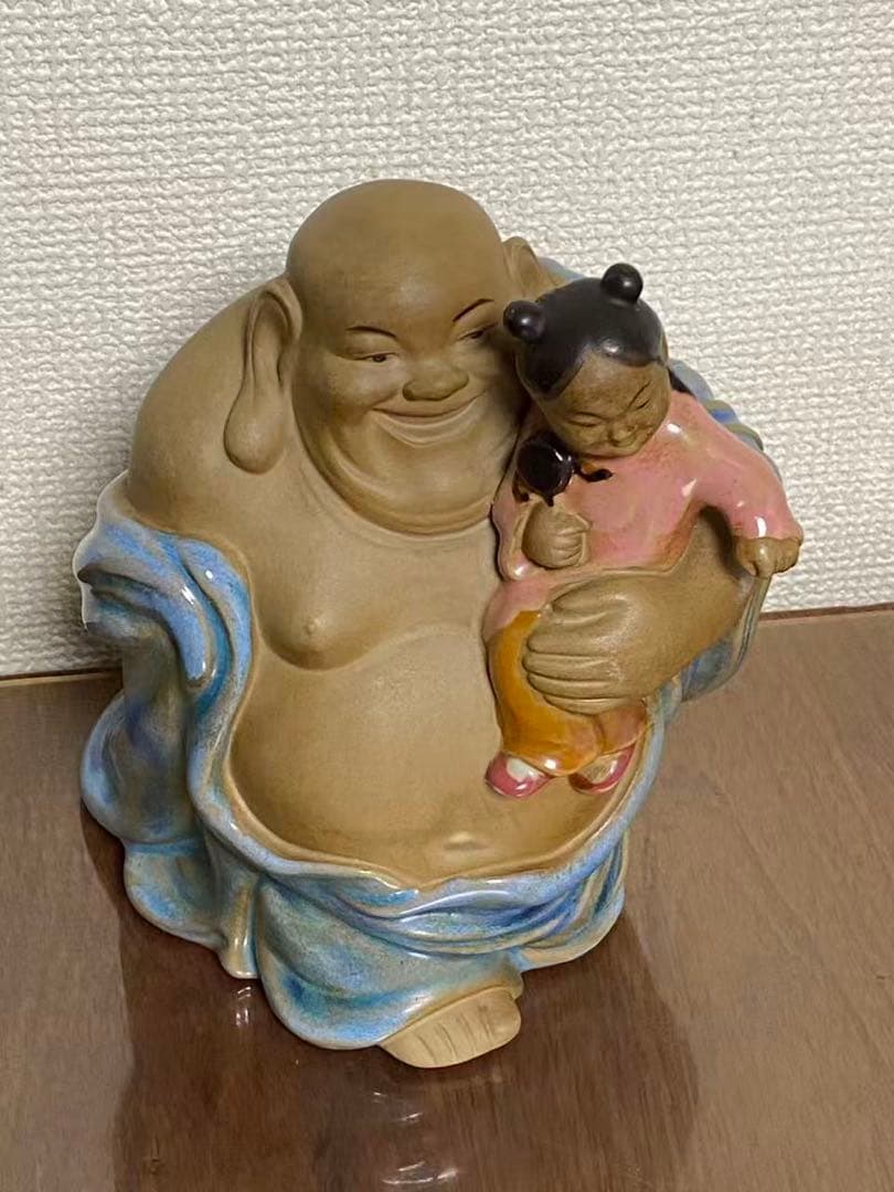 中国陶器 置物 石湾陶弥勒抱童子件 時代物