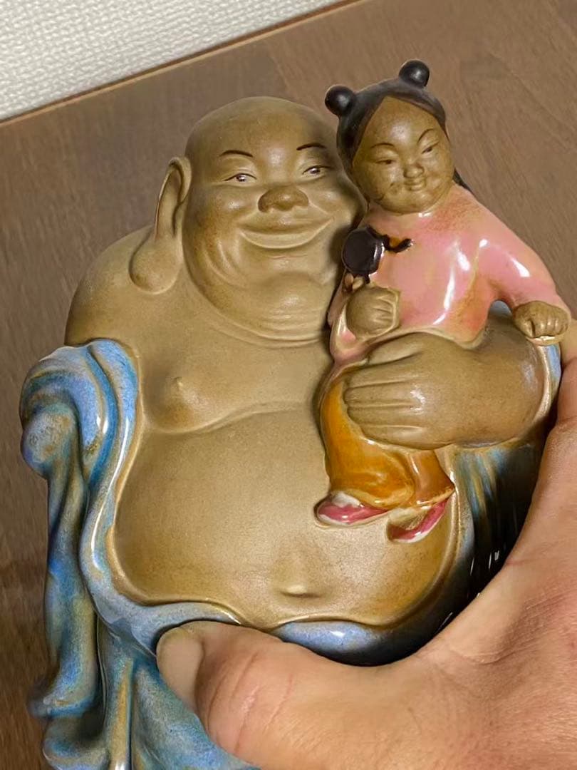 中国陶器 置物 石湾陶弥勒抱童子件 時代物
