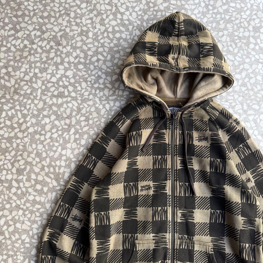 【総柄ジップパーカー】stussyモザイク古着ストリート横ノリユニセックスM.