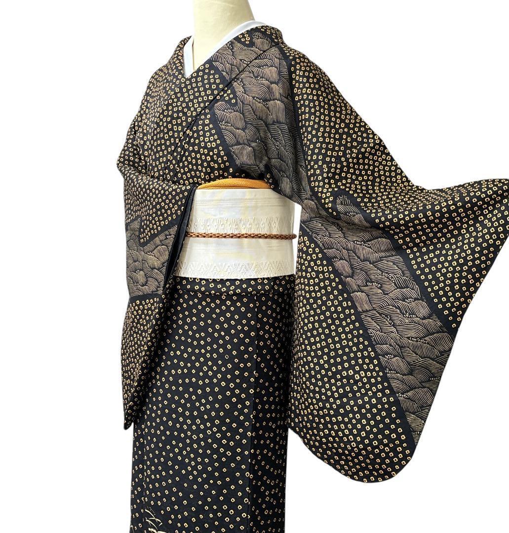 A147愛華 訪問着総絞り　正絹　波　花　身丈165cm