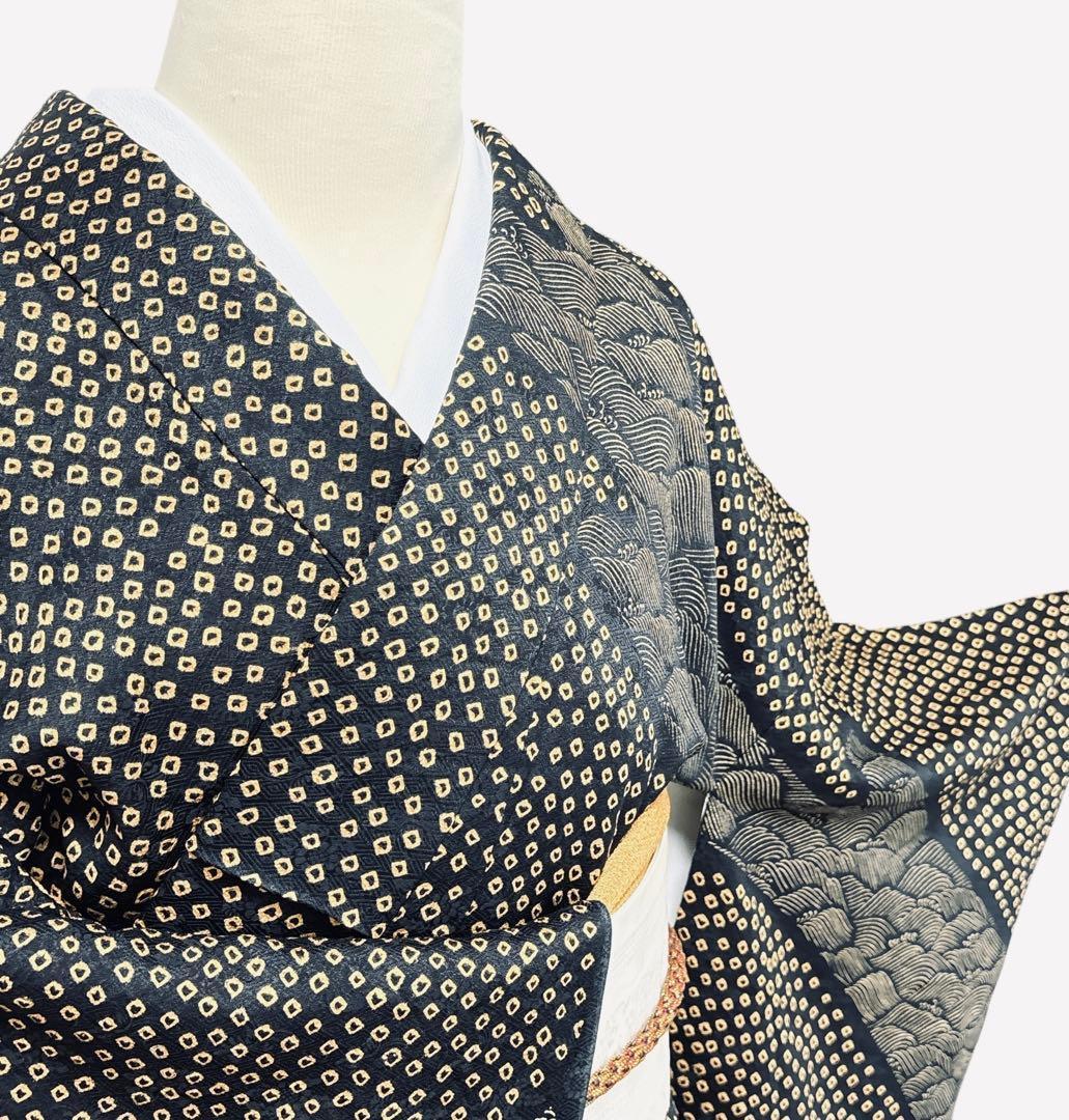 A147愛華 訪問着総絞り　正絹　波　花　身丈165cm