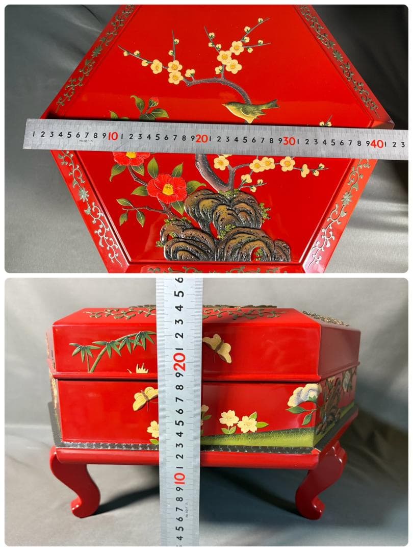 紅房 べんぼう 琉球漆器 朱漆花鳥箔絵六角東道盆 梅 牡丹 鳥 蝶