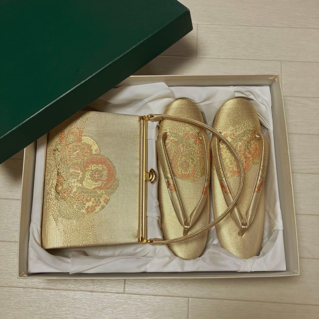 《美品・箱付き》佐賀錦　草履バッグセット　東京芝山　正絹　ゴールド　厚底