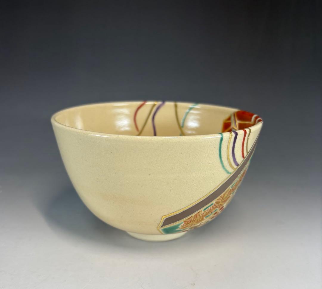【中古品】久世久宝造　色絵熨斗茶碗　淡々斎書付（共箱）USED〈税込•送料込〉