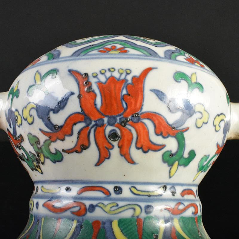 中国　大清乾隆年製　豆彩　花弁文　双耳瓶　V　R7038