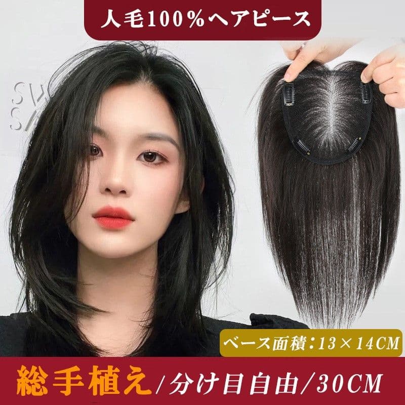 人毛100％ ヘアピース 総手植え 分け目自由 超軽量 蒸れにくい ブラック2点