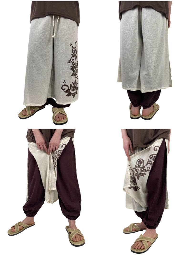 【新品】タイパンツ　二枚重ね　ハス柄　シアーコットン　男女兼用　ブラウン