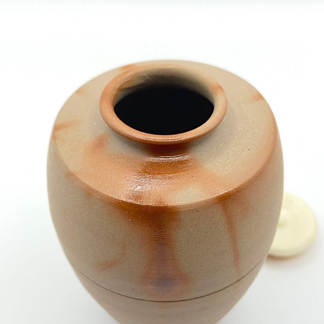 肩衝茶入 備前焼 火襷　木村陶峰　共箱入　茶道具　濃茶器　仕覆:唐松緞子　古美術