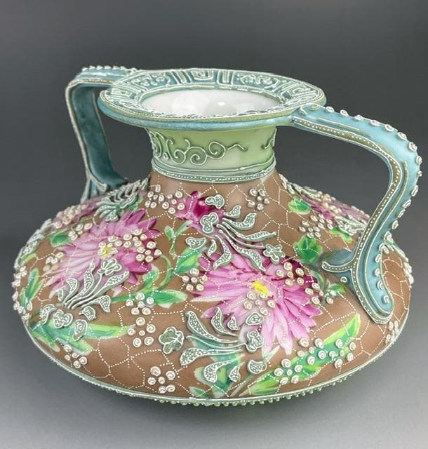 【希少】オールドニッポン 花絵地 一陳盛上げ アールヌーボー様式 花瓶 盛り上げ