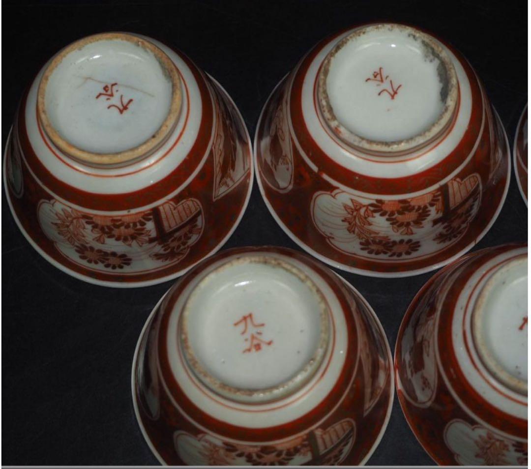 送料無料　明治中期九谷焼　金襴手細密画煎茶碗５客　煎茶道具