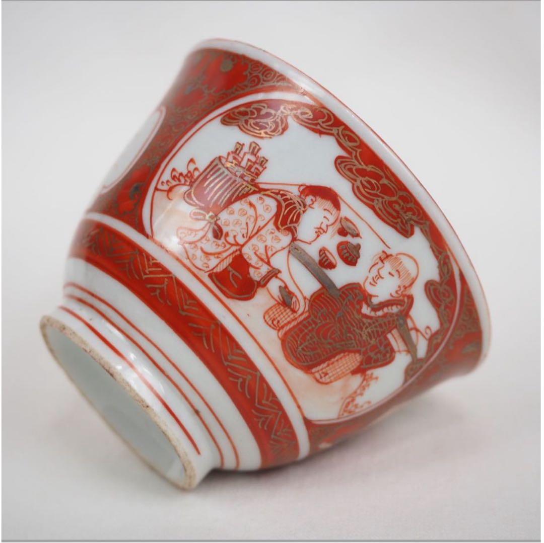 送料無料　明治中期九谷焼　金襴手細密画煎茶碗５客　煎茶道具