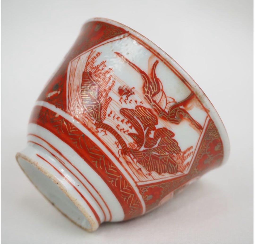 送料無料　明治中期九谷焼　金襴手細密画煎茶碗５客　煎茶道具