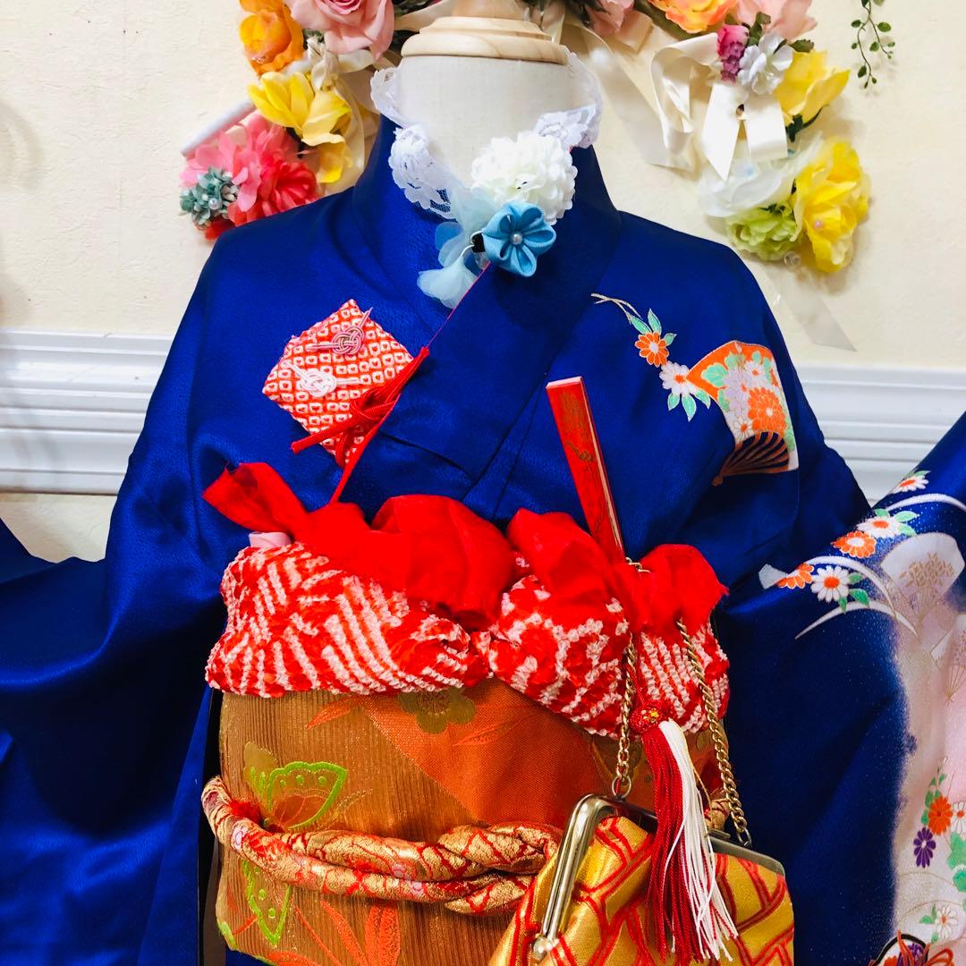 七五三7歳❣️人気Blue暈し古典柄❣️扇熨斗花々金彩煌びやか際立つ完全フルセット❣️