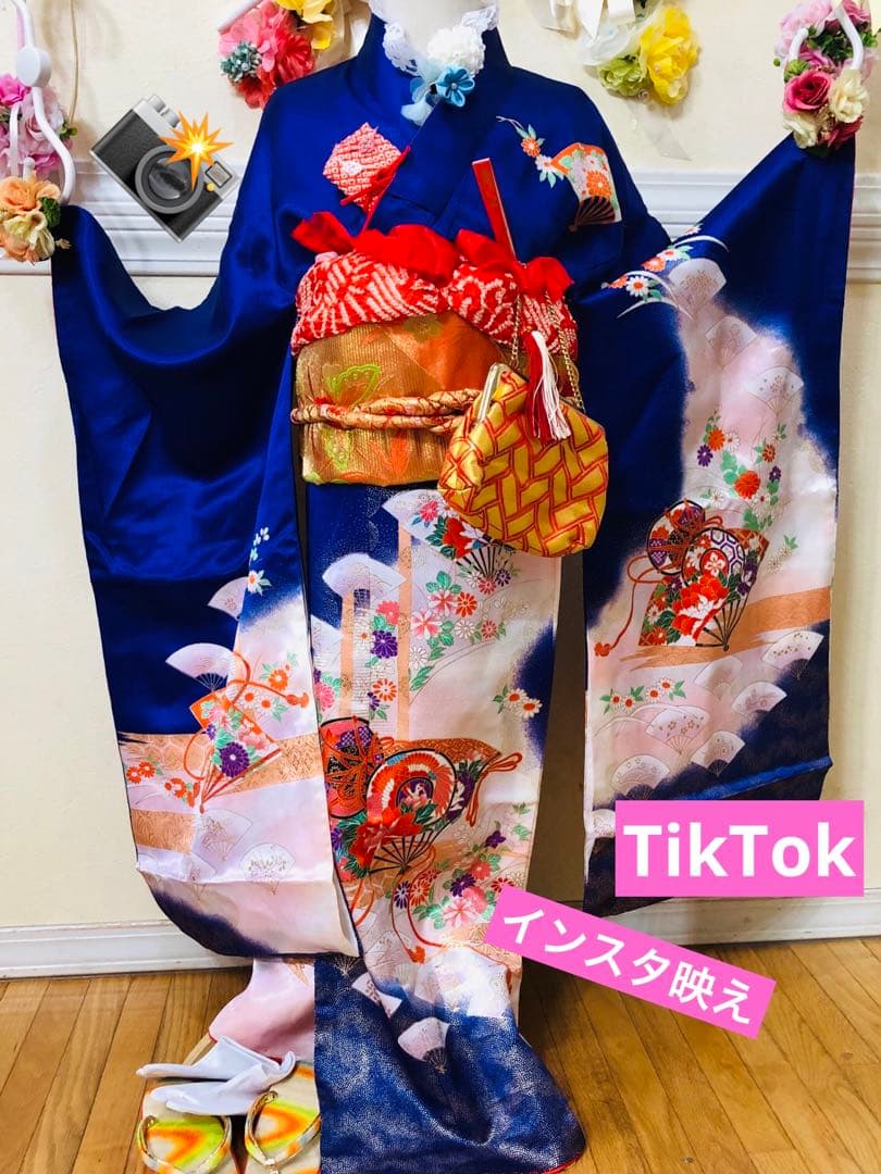 七五三7歳❣️人気Blue暈し古典柄❣️扇熨斗花々金彩煌びやか際立つ完全フルセット❣️