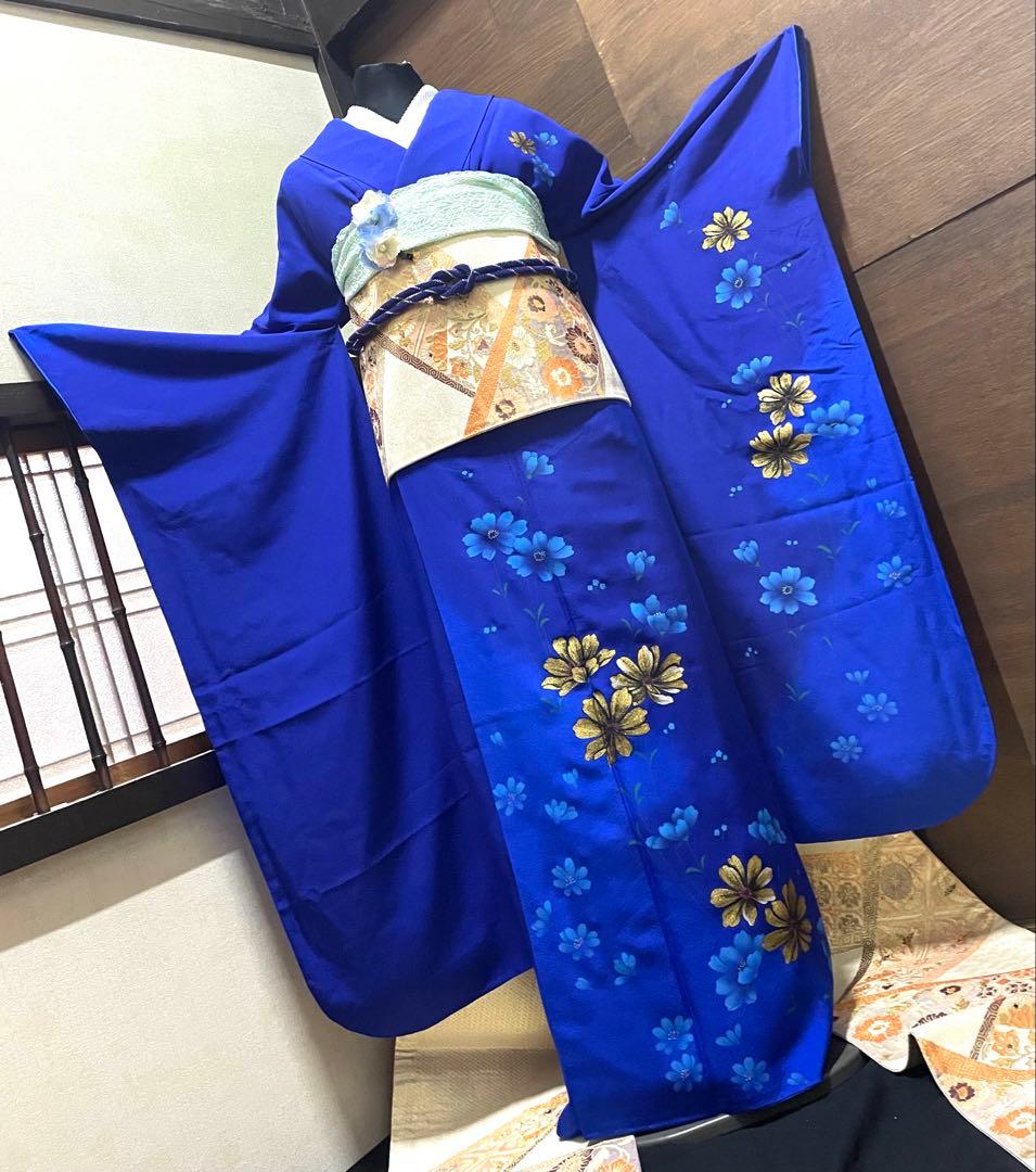 振袖 フルセット6点サイズM〜Ｌ草花文　銀駒彩　正絹