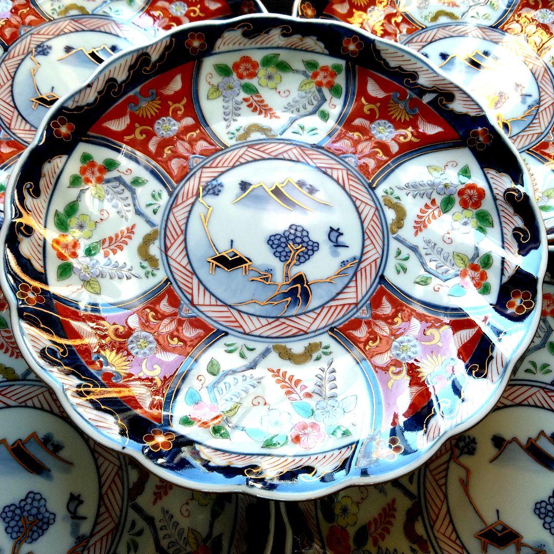 古伊万里 瀬兵窯 絢爛豪華 色絵 菊割 Ф20.2㎝ 銘々皿 5客揃 中皿 真作