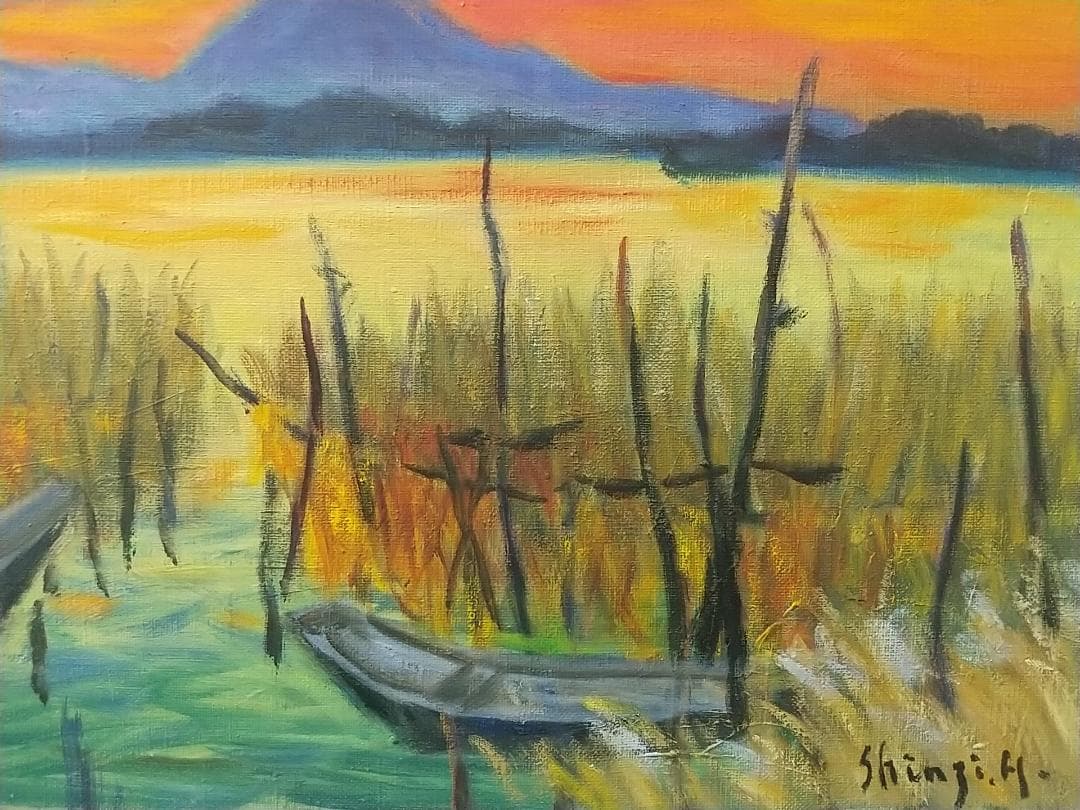 F8 絵画　油絵「水郷風景」1982