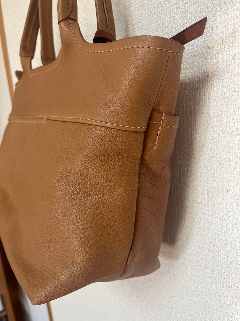 genten ブラウンレザー トートバッグ 大きめ 外ポケット付き