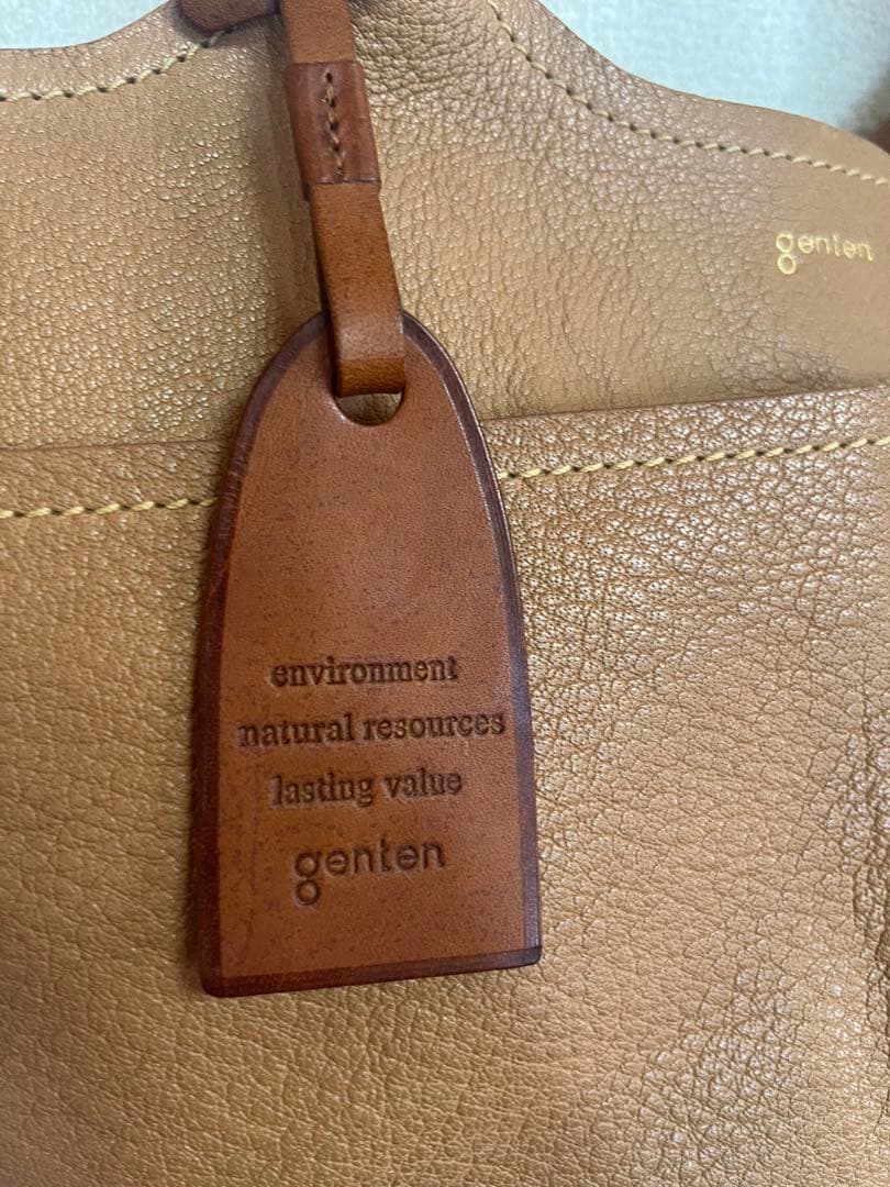 genten ブラウンレザー トートバッグ 大きめ 外ポケット付き