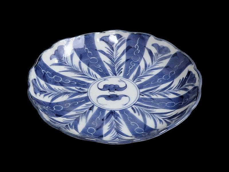 古伊万里　染付　墨弾き　撫子に蝙蝠の図 ５寸半皿　５客　252AS-CAx