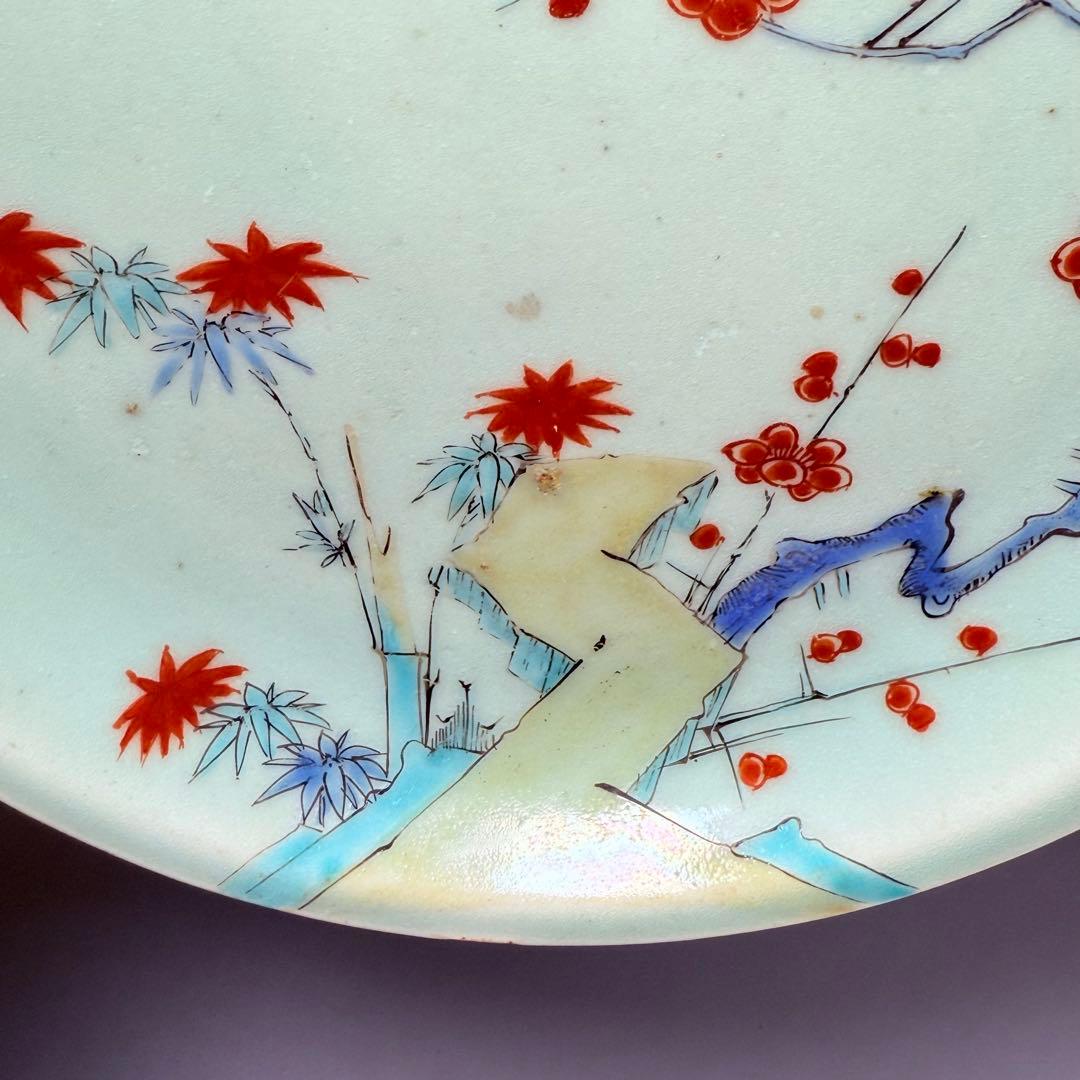 江戸時代　柿右衛門手　青磁竹梅文皿　桐箱付　赤絵　雲　古美術　鍋島青磁