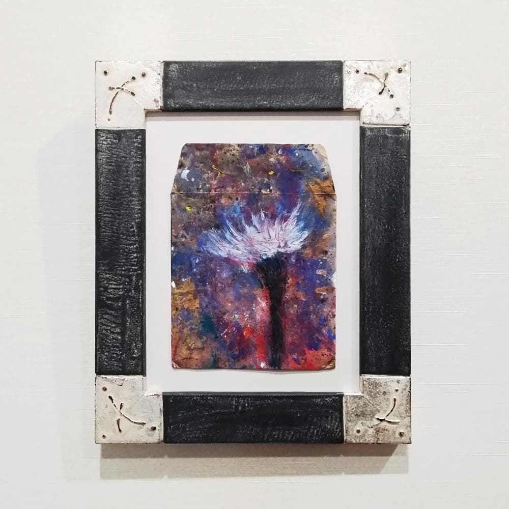 内野隆文　花　古い封筒にアクリル絵具　絵画　現代アート　額縁　アンティーク　真作