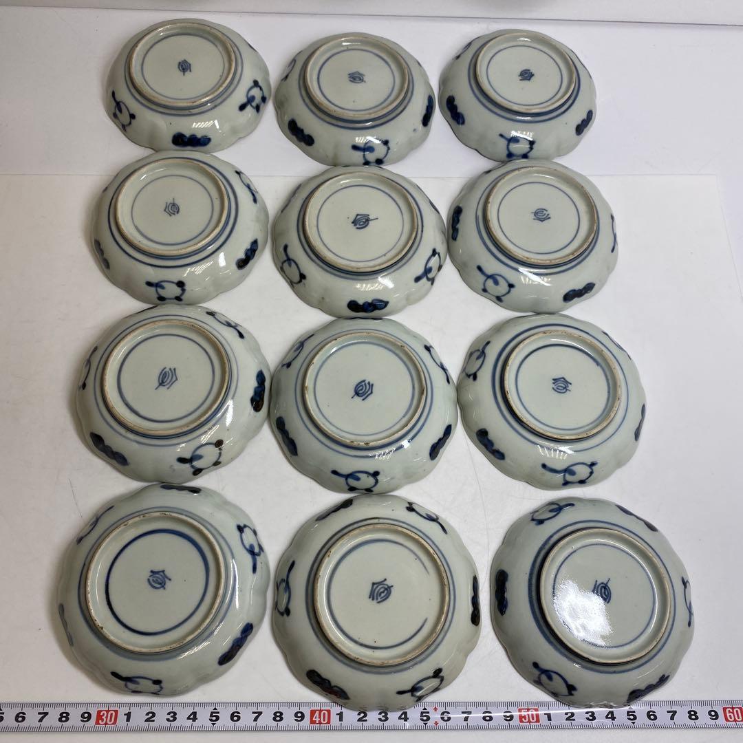 染付　花文皿　直径10.6㎝　12枚　木箱付　タカサ　東さ7-0928③