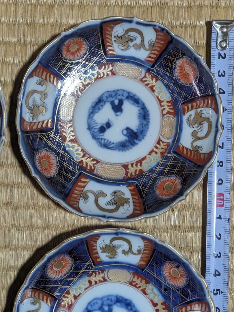 ♦江戸時代古伊万里 大明成化年製 染付金襴手 吉祥文 輪花豆皿 五枚組み 骨董品