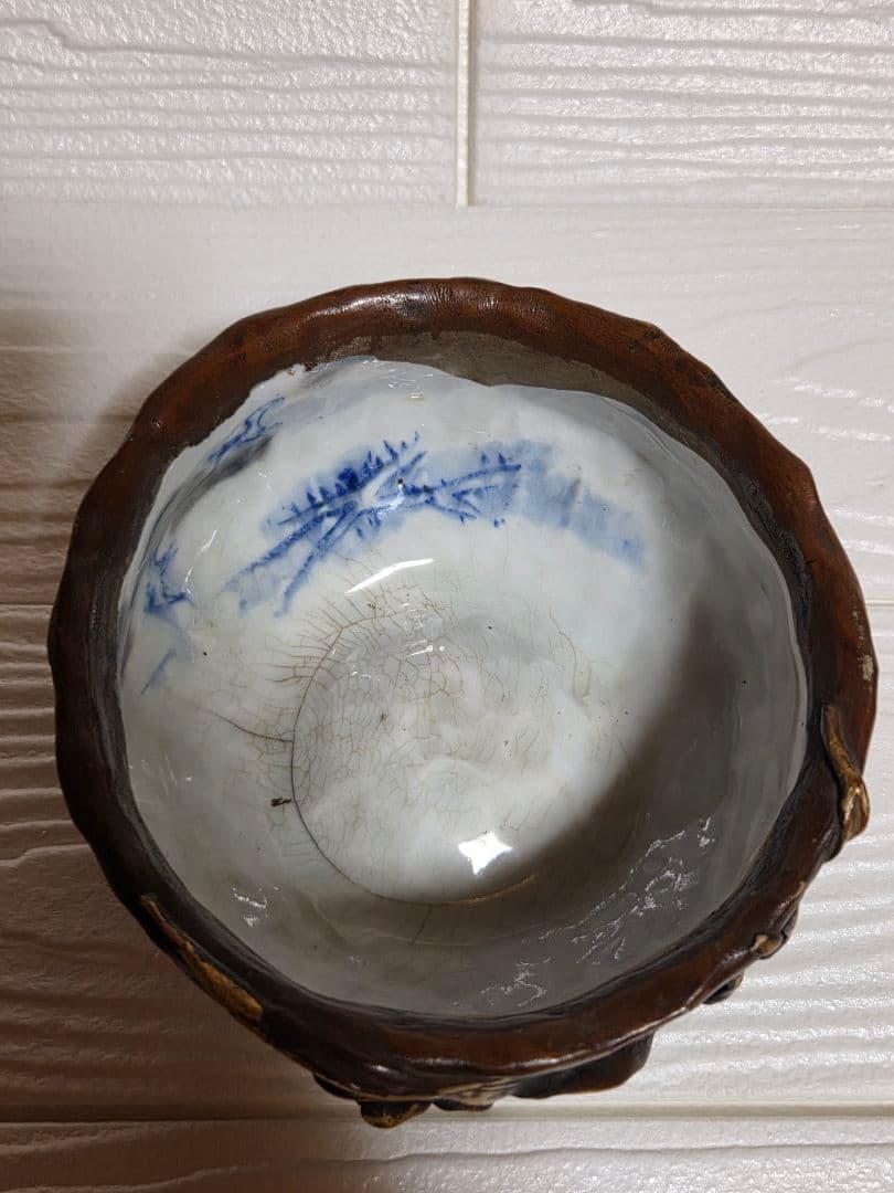 アンティーク 陶器製急須と茶碗 小型 ダークブラウン 金色装飾