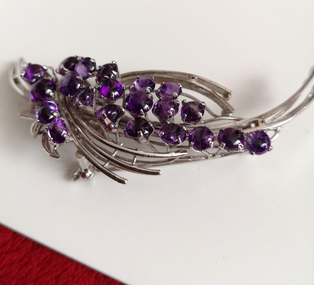 ヴィンテージ ブローチ 天然石 アメジスト 21石 カボッション 刻印入り 4