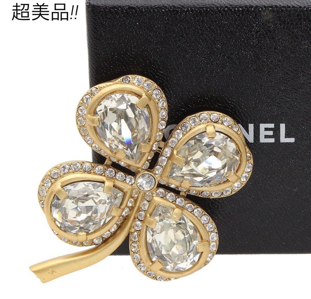 G2033 超美品!! シャネル クローバー ラインストーン ブローチ
