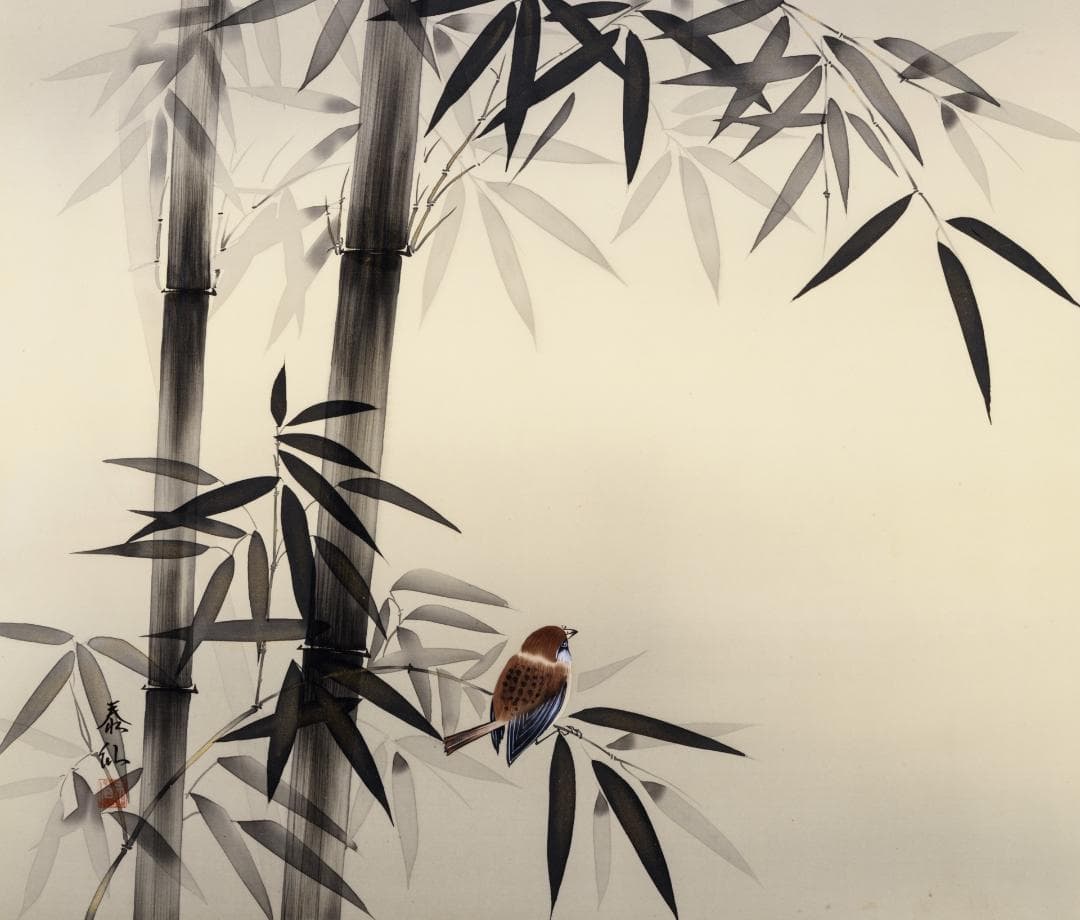 F10　肉筆水彩日本画　『雀』　高級木製額縁付属　外寸約713×638mm