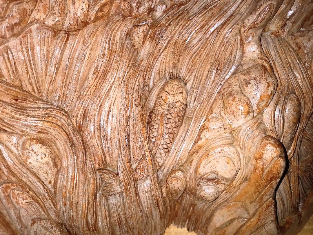 火鉢 彫刻 インテリア装飾 鯉の滝登り 無垢材 一刀彫 欅 地松 国産材