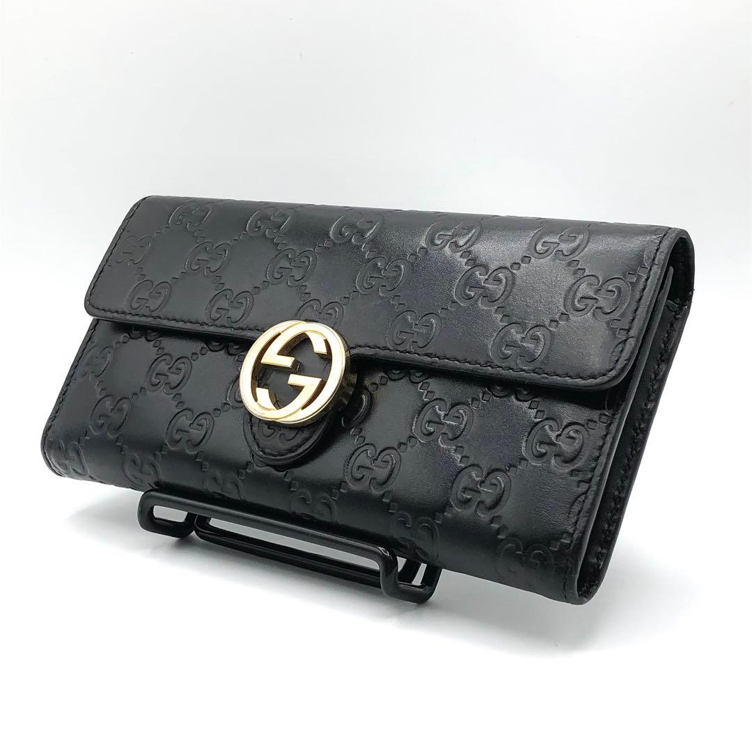 グッチ インターロッキング 長財布 二つ折り シマレザー GG柄 ブラック