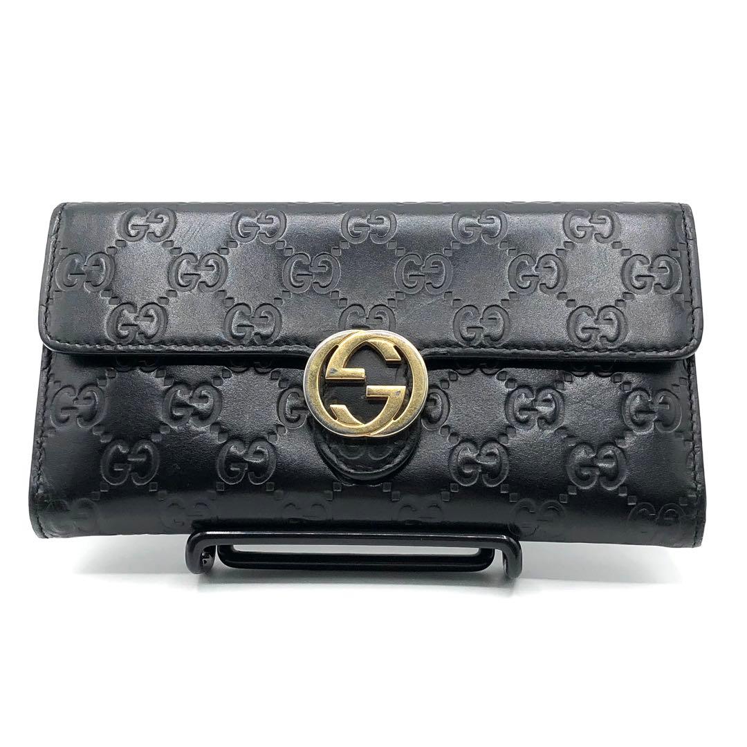 グッチ インターロッキング 長財布 二つ折り シマレザー GG柄 ブラック
