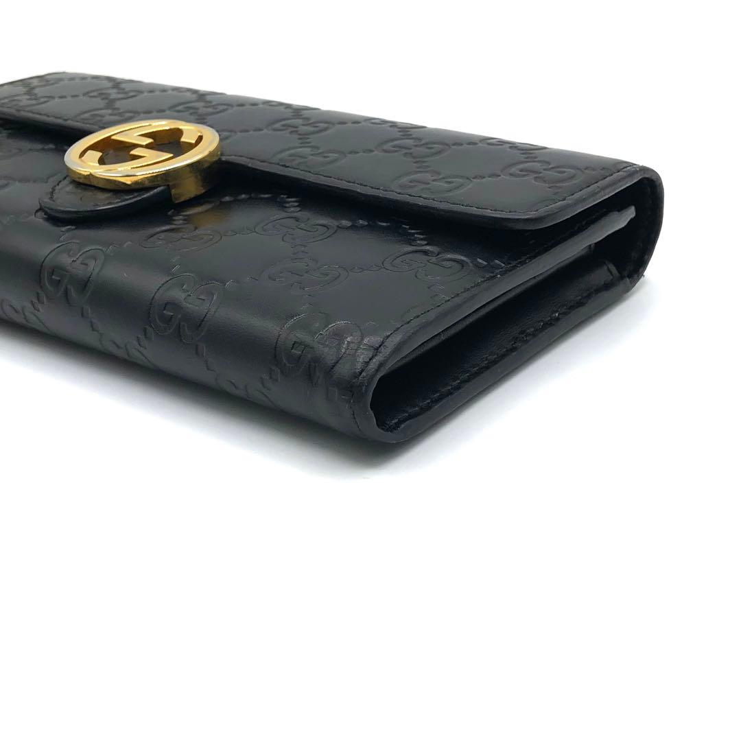 グッチ インターロッキング 長財布 二つ折り シマレザー GG柄 ブラック