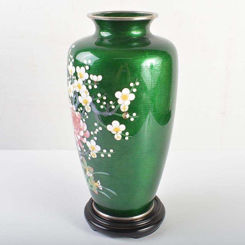 七宝焼　相互七宝造　緑光釉四君子文　七宝花瓶　唐木台付　共箱　D　R6973B