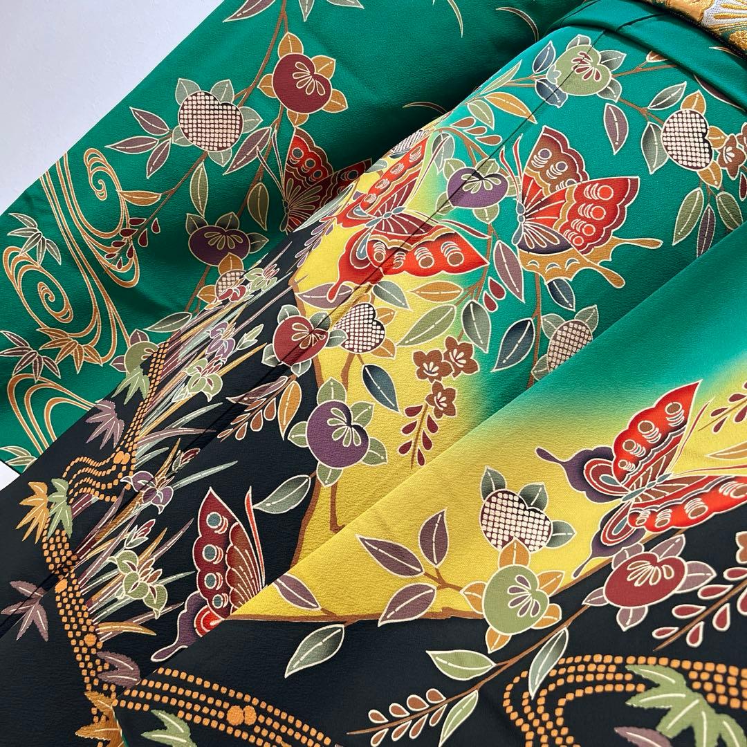 355振袖フルセット 正絹 緑 黒 グリーン 型染め 暈し染め きものやまと誂え