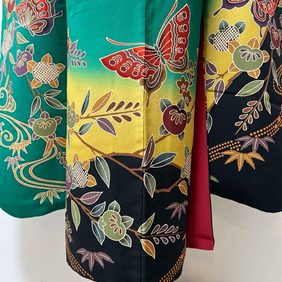 355振袖フルセット 正絹 緑 黒 グリーン 型染め 暈し染め きものやまと誂え