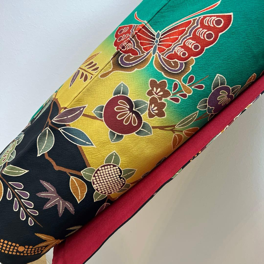 355振袖フルセット 正絹 緑 黒 グリーン 型染め 暈し染め きものやまと誂え