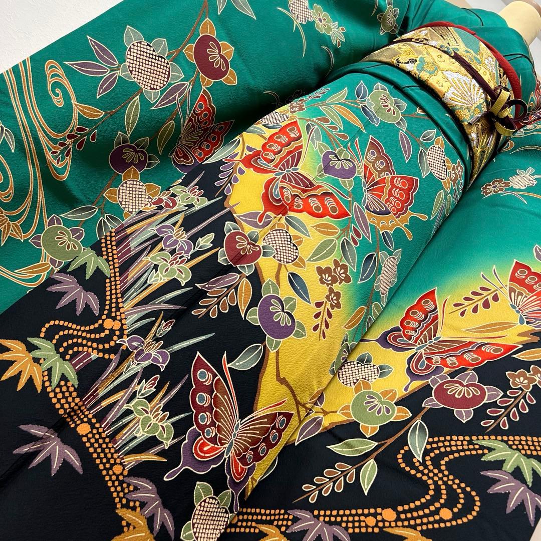 355振袖フルセット 正絹 緑 黒 グリーン 型染め 暈し染め きものやまと誂え