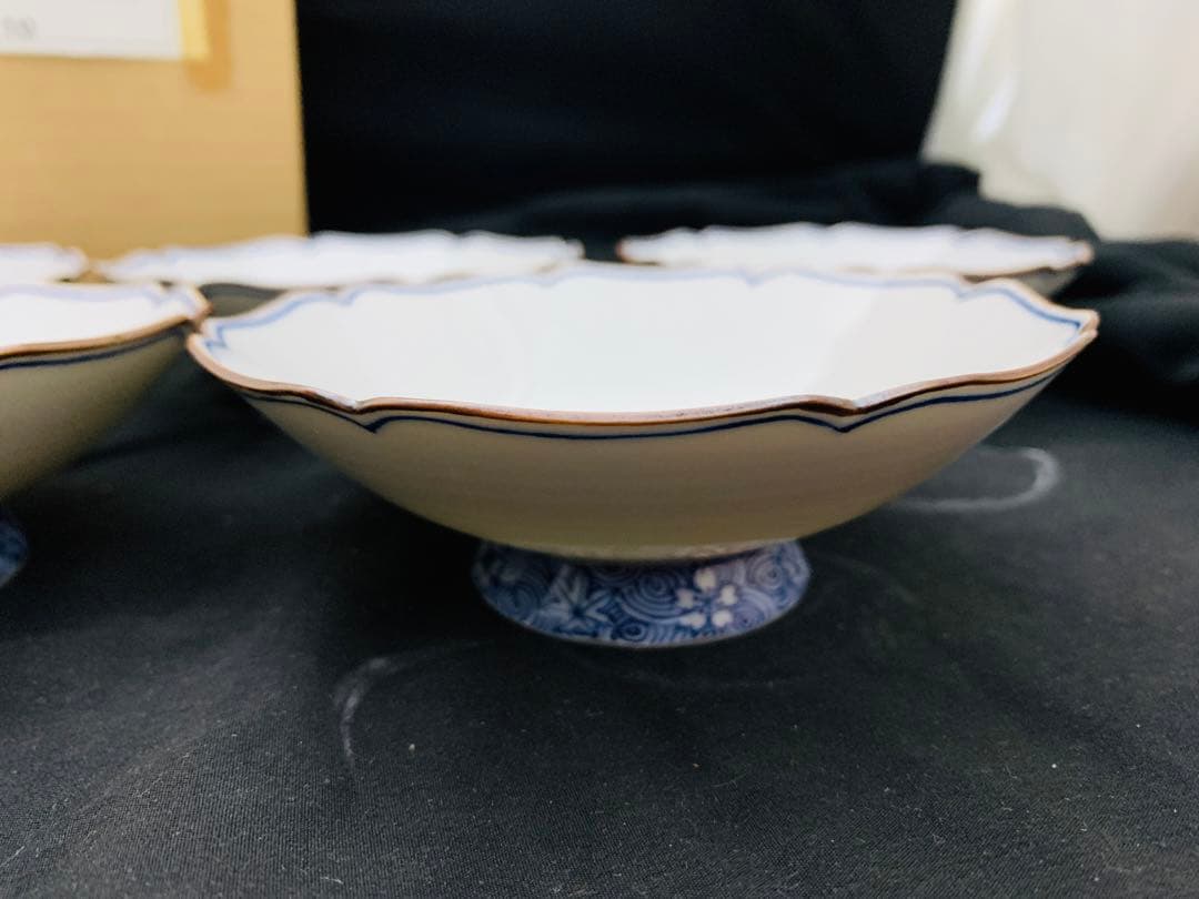 平安陶峰造　染付渦雲錦小鉢5客　京焼　共箱付き　高級懐石料理料亭皿