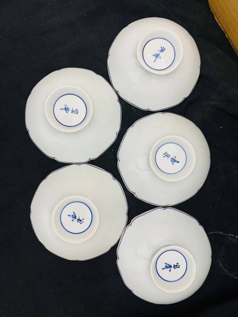 平安陶峰造　染付渦雲錦小鉢5客　京焼　共箱付き　高級懐石料理料亭皿