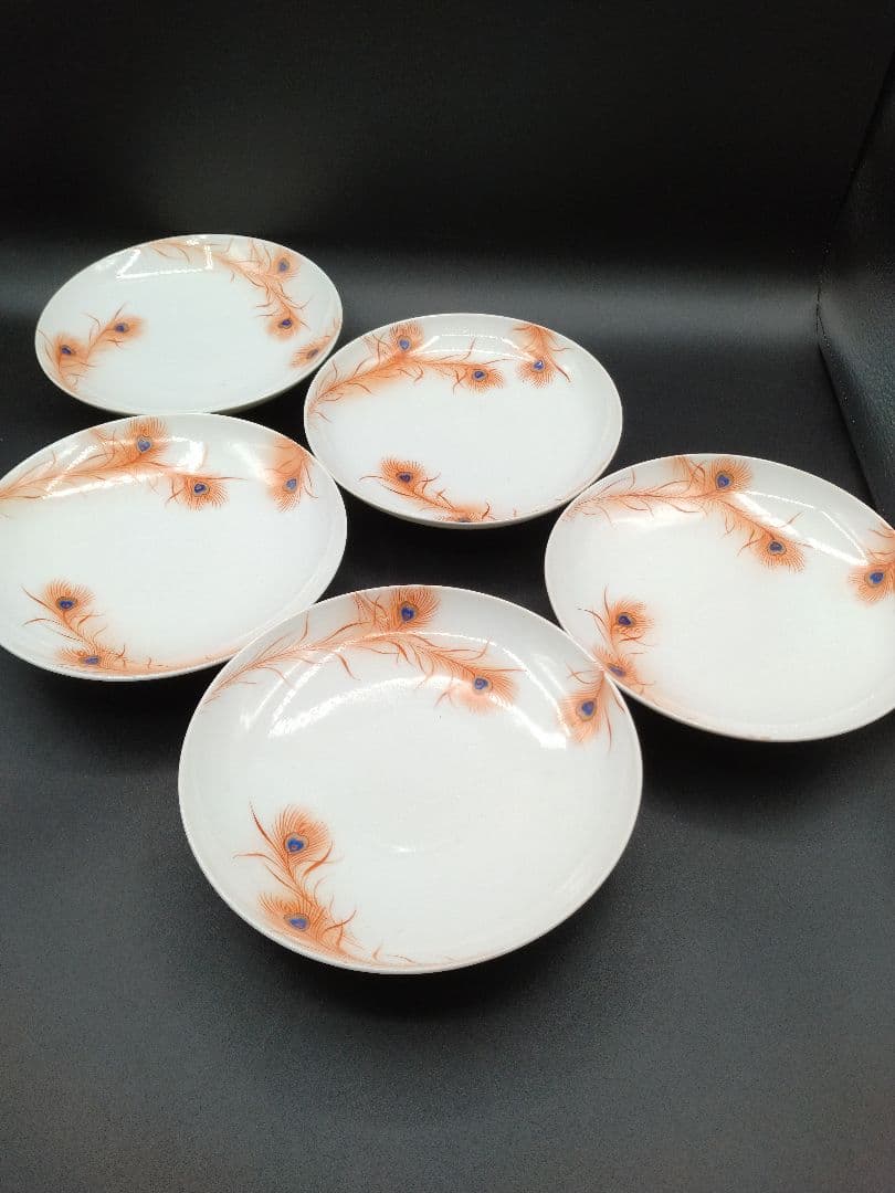 カ*み様 源六焼 赤絵 金彩 孔雀文 六寸皿 五枚 明治末~大正期 源六製 古伊
