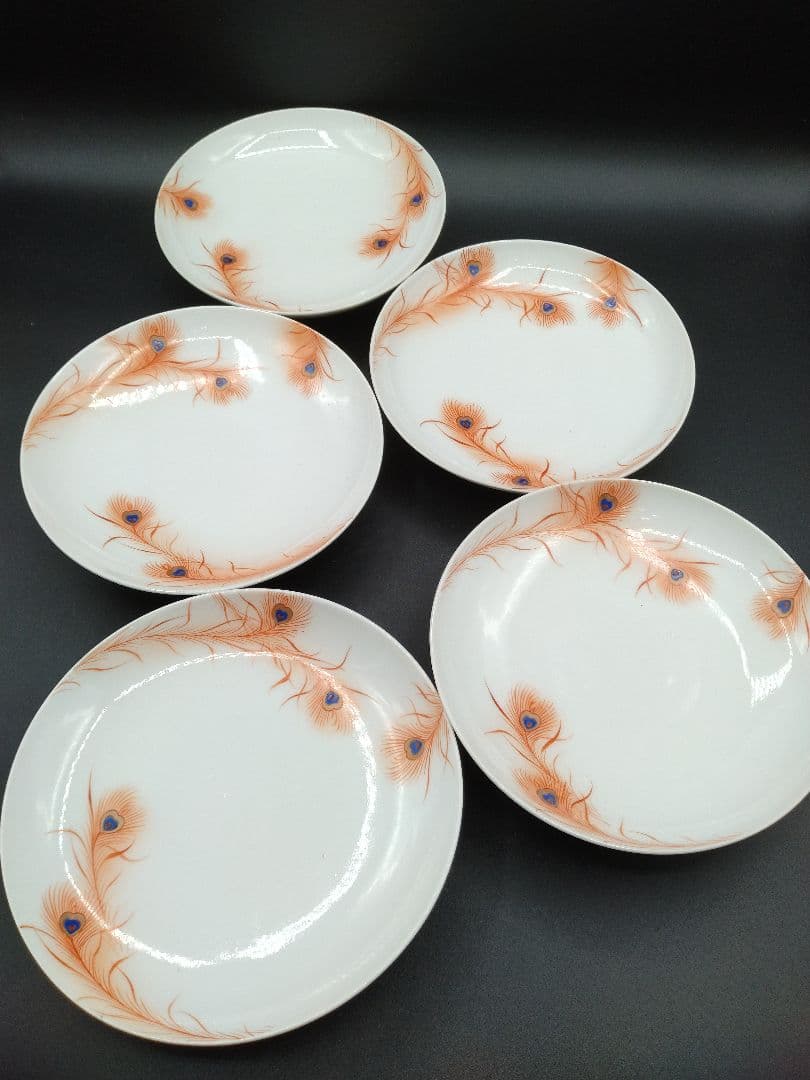 カ*み様 源六焼 赤絵 金彩 孔雀文 六寸皿 五枚 明治末~大正期 源六製 古伊