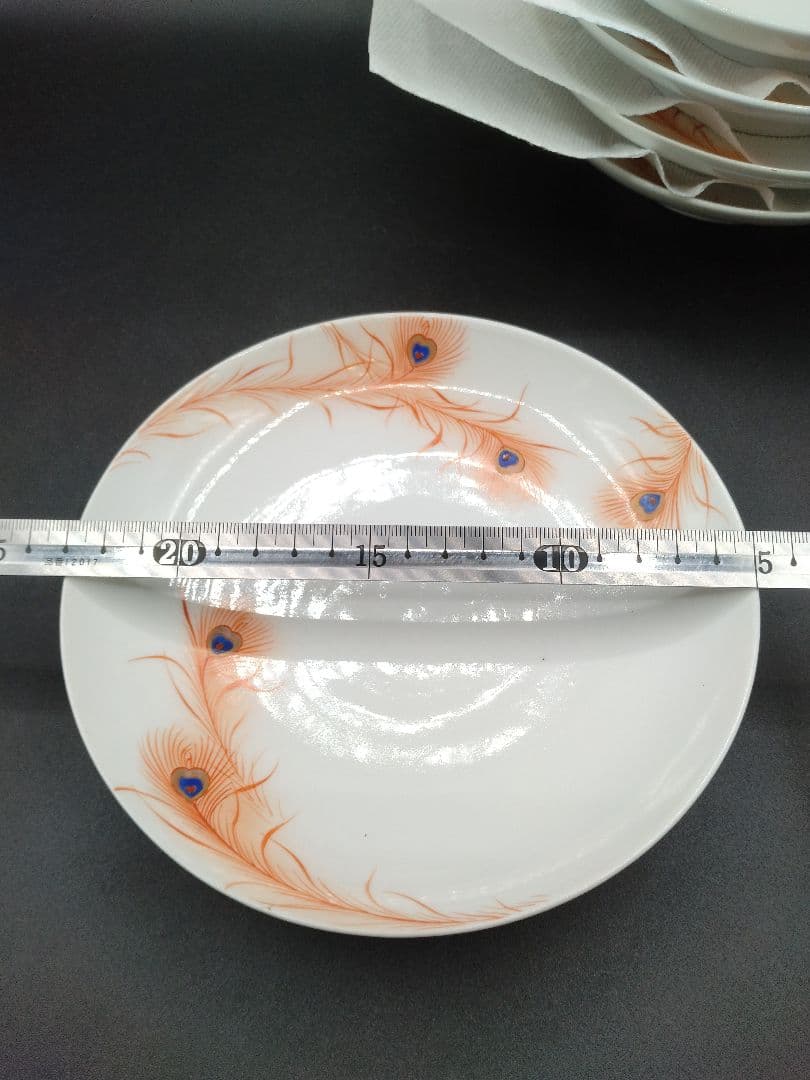 カ*み様 源六焼 赤絵 金彩 孔雀文 六寸皿 五枚 明治末~大正期 源六製 古伊