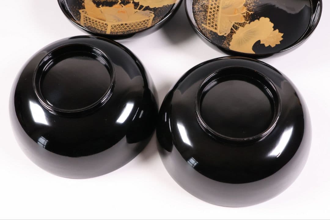 【CM411】天然木漆塗 加賀蒔絵 蓮と野菜金蒔絵 黒煮物椀 二客 漆器 昭和期